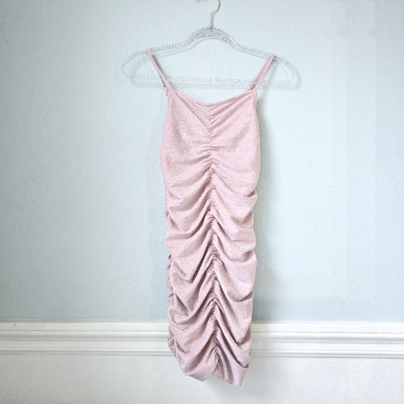 Mebius light pink midi dress | ruched with shimmery fabric | holiday or hoco - Picture 5 of 6